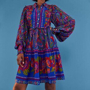 Farm Rio Blue Macaw Flight Long Sleeve Mini Dress